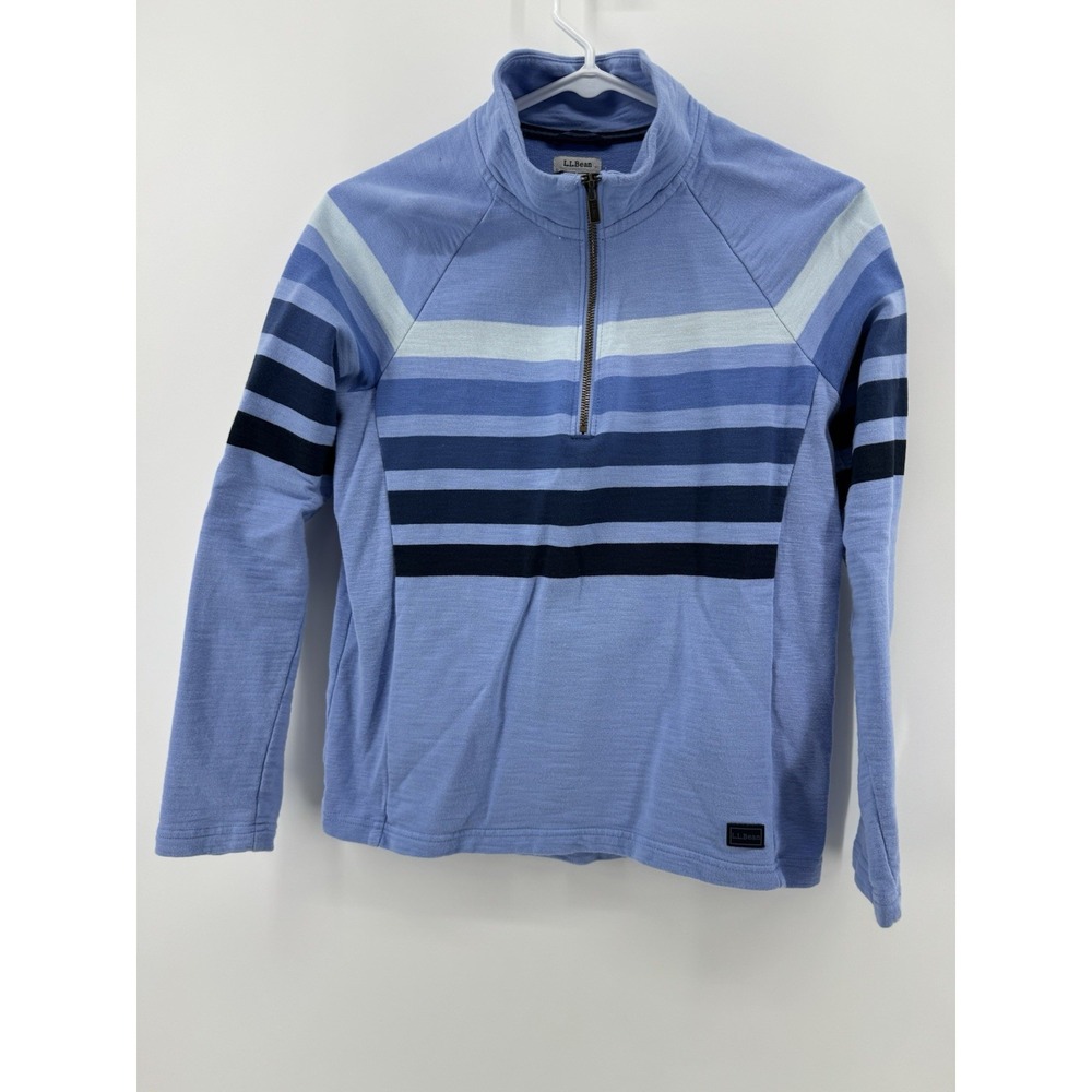 LL Bean Womens XS Peaks Island Quarter-ZipPullover Stripe 100% Cotton Sweatshirt